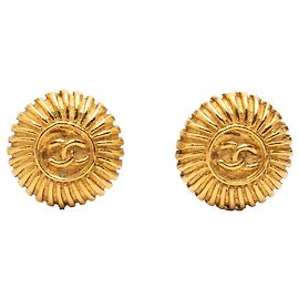 Gold Chanel Gold Plated CC Sunburst Clip On Earrings Golden