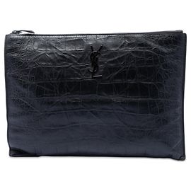 Black Saint Laurent Croc Embossed Leather Monogram Document Holder Clutch Bag Black