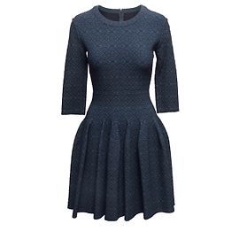 Alaïa Navy & Black Alaia Patterned Three-Quarter Sleeve Fit & Flare Dress Size FR 40 Blue