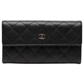 Black Chanel CC Quilted Caviar Flap Long Wallet Black