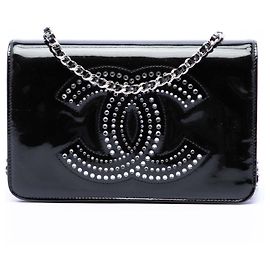 Borsa a tracolla con catena e portafoglio Chanel CC in vernice nera decorata con strass Nero