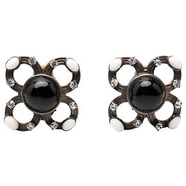 Brincos de pressão Chanel em latão prateado com cabochon de esmalte e strass Prata