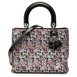 Borsa Lady Dior Medium in tessuto metallizzato multicolore e pelle vernice nera Nero
