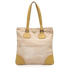 Tote de lona Canapa com acabamento em Vitello bege Prada Bege