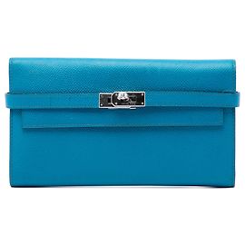 Blue Hermès Epsom Kelly Trifold Long Wallet Blue