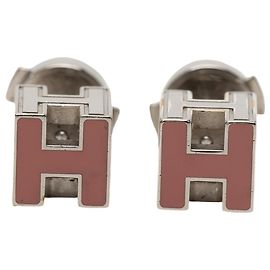Brincos dH Cube Push Back em esmalte rosa e paládio Hermès Rosa