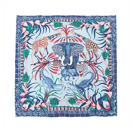 Carré 90 Hermès "LA MARCHE Du ZAMBEZE" em seda azul Azul
