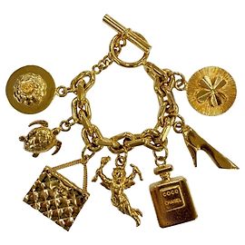 Chanel Vintage Metal Icon Charm Bangle Bracelet Golden