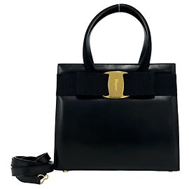 Salvatore Ferragamo Vara Ribbon Hardware Leather Handbag Black