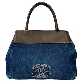 Bolsa Tote Chanel Coco Mark Stitch em denim e couro Marrom Azul