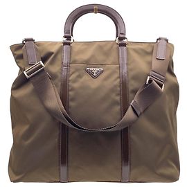 Prada Saco Tote 2 Way grande vintage em tecido nylon e couro patente Marrom