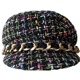 Autre Marque Edward Achour Paris Tweed Cap with Gold Chain Black Multiple colors