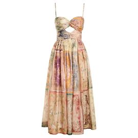 Zimmermann August Silk Tie-Front Patchwork Maxi Dress Pink Multiple colors Beige Green Purple Yellow