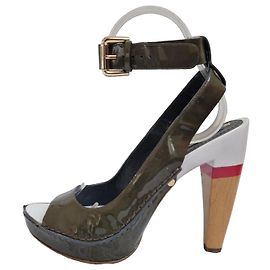 Céline Celine Patent Leather Ankle Strap Platform Heels Brown White Green
