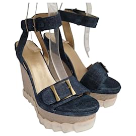Stuart Weitzman Denim Wedge Platform Sandals Blue Golden