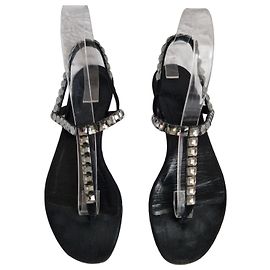 Gucci Sandali Thong in Pelle Nera con Cristalli Nero