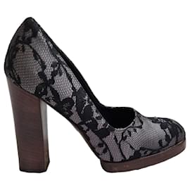 Gucci Black Lace Platform Block Heels Black Grey
