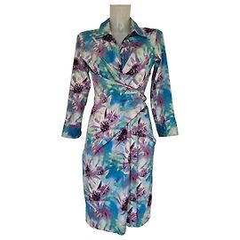 Autre Marque Samantha Sung Wickelkleid mit Blumenprint Weiß Blau Grün Lila