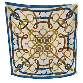 Lenço Hermès de cashmere e seda 140cm Marrom Branco Azul Dourado Verde