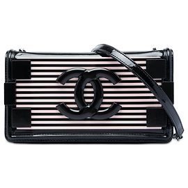Chanel Boy Brick Horizontal Flap de charol negro y acrílico a rayas Rosa Otro