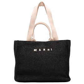 Marni Sac Shopping North West en Nylon Effet Raffia Noir avec Logo Brodé Noir