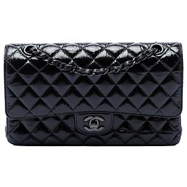 Chanel Black Medium Classic Shiny Crumpled Calfskin So Black Double Flap Noir