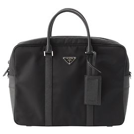 Prada Black Saffiano Trimmed Tessuto Business Bag Black