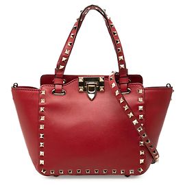 Bolsa Satchel Trapeze Rockstud Valentino em couro de bezerro granulado vermelho mini Vermelho