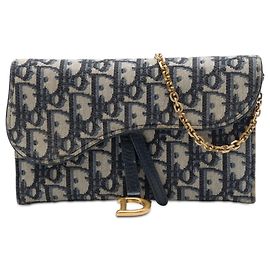 Dior Blue Oblique Canvas Saddle Wallet On Chain Blau Marineblau