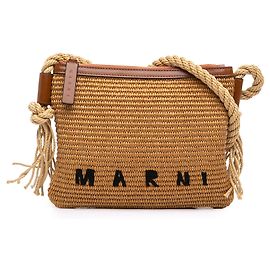 Bolsa tiracolo Marni em ráfia castanha com logótipo Marrom