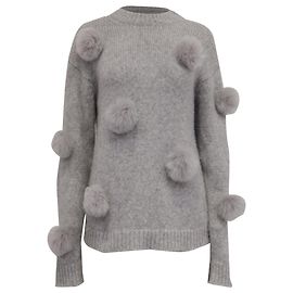 Tibi Strickpullover mit Pelz-Pompons aus grauer Alpaka-Wolle Grau
