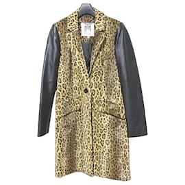 Autre Marque Milly Lamb Leather Sleeve Leopard Wool Coat Black Beige