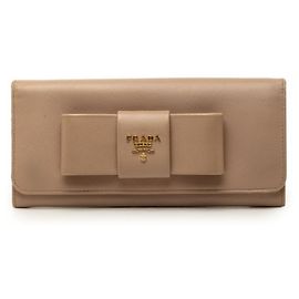 Prada Logo Ribbon Bi-fold Long Wallet Beige