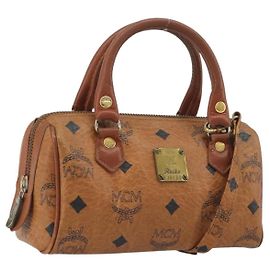 Bolsa MCM Logogram Vicetos Mini Boston Bag PVC Leather 2way Brown Gold Auth 192428A Marrom Dourado