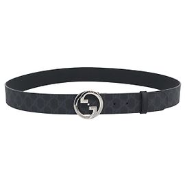 GUCCI GG Supreme Interlocking G Belt PVC 53.1"" Black 703147 Auth BA14141V Black Silvery