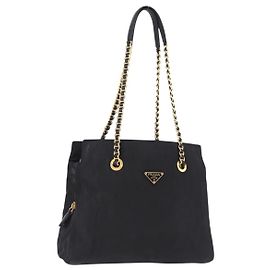 Bolsa de Ombro com Corrente PRADA Nylon Preto Tom Dourado Auth 194116 Preto Outro