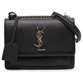 Borsa a tracolla Sunset Small in pelle di vitello martellata nera con monogramma Saint Laurent Nero