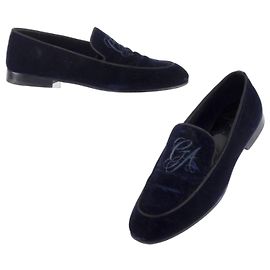 Mocassini Giorgio Armani in velluto blu con monogramma Blu