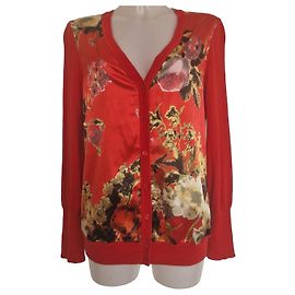 Basler Red Floral Print Silk Panel Cardigan Red Multiple colors
