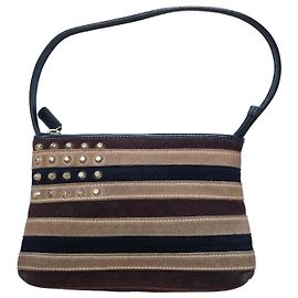 Burberry Sac à épaule en daim rayé et clouté Marron Noir Beige