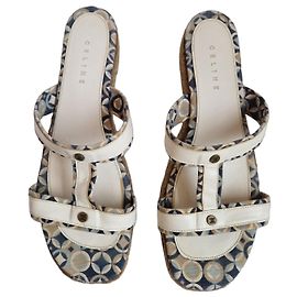 Céline Celine Sandales compensées espadrilles Blanc Bleu Beige
