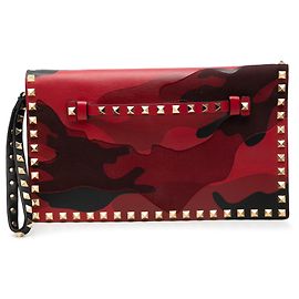 Valentino Red Canvas and Nappa Camouflage Rockstud Wristlet Clutch Red