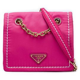 Prada Bolsa Crossbody com Aba e Corrente em Tessuto Rosa Small Rosa
