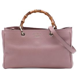 Bolsa Gucci Shopper Satchel em couro de bezerro rosa Medium com alça Bamboo Rosa