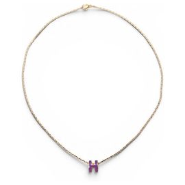 Hermès NOVO COLLAR HERMES POP H MINI CORRENTE DOURADA PENDENTE LAQUÊ ROXO Roxo