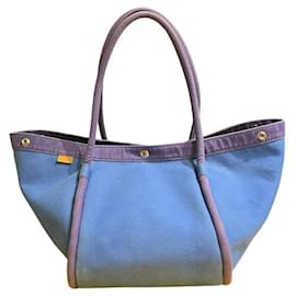 Hermès Lindy Beach Sac Cabas en Toile Bleue et Cuir Violet Bleu Violet
