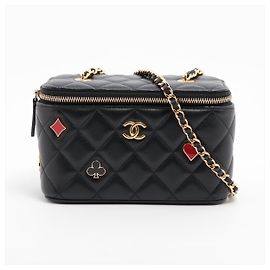 Chanel Bolsa Vanity Case Coco Casino Small em couro de cordeiro acolchoado com corrente Preto Preto