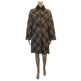 Valentino Check-Print Wool Coat with Feather Collar Brown Black White Multiple colors