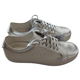 Chanel Silver Leather CC Logo Sneakers White Silver hardware