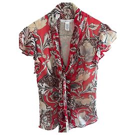 Diane von Furstenberg Seidenmischgewebe Bluse mit Blumenprint Rot Weiß Silber Hardware